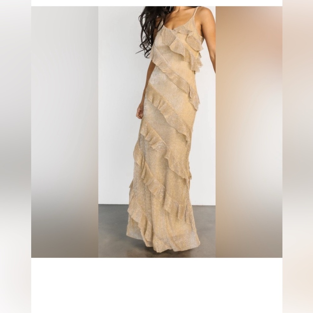 Baltic Born Belisama Ruffle Gown Gold Metallic Pleated Maxi Dress Medium